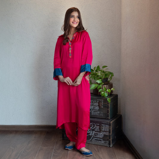 Fuchsia Modal Hand Embroidered Collar Suit set