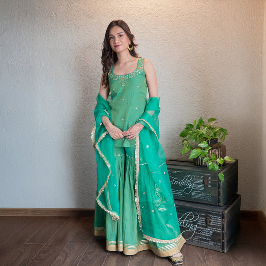 Green Tissue Chanderi Sharara Set with Dupatta