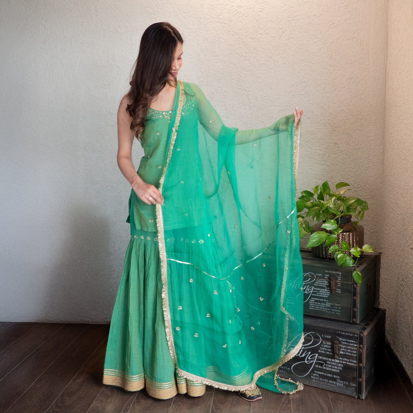 Green Tissue Chanderi Sharara Set with Dupatta