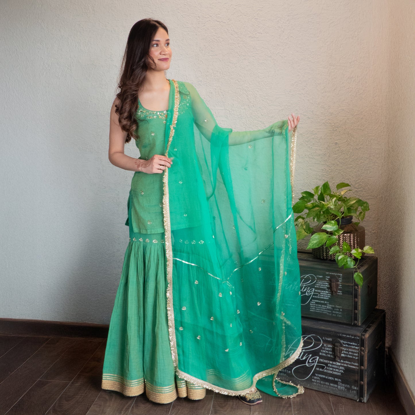 Green Tissue Chanderi Sharara Set with Dupatta
