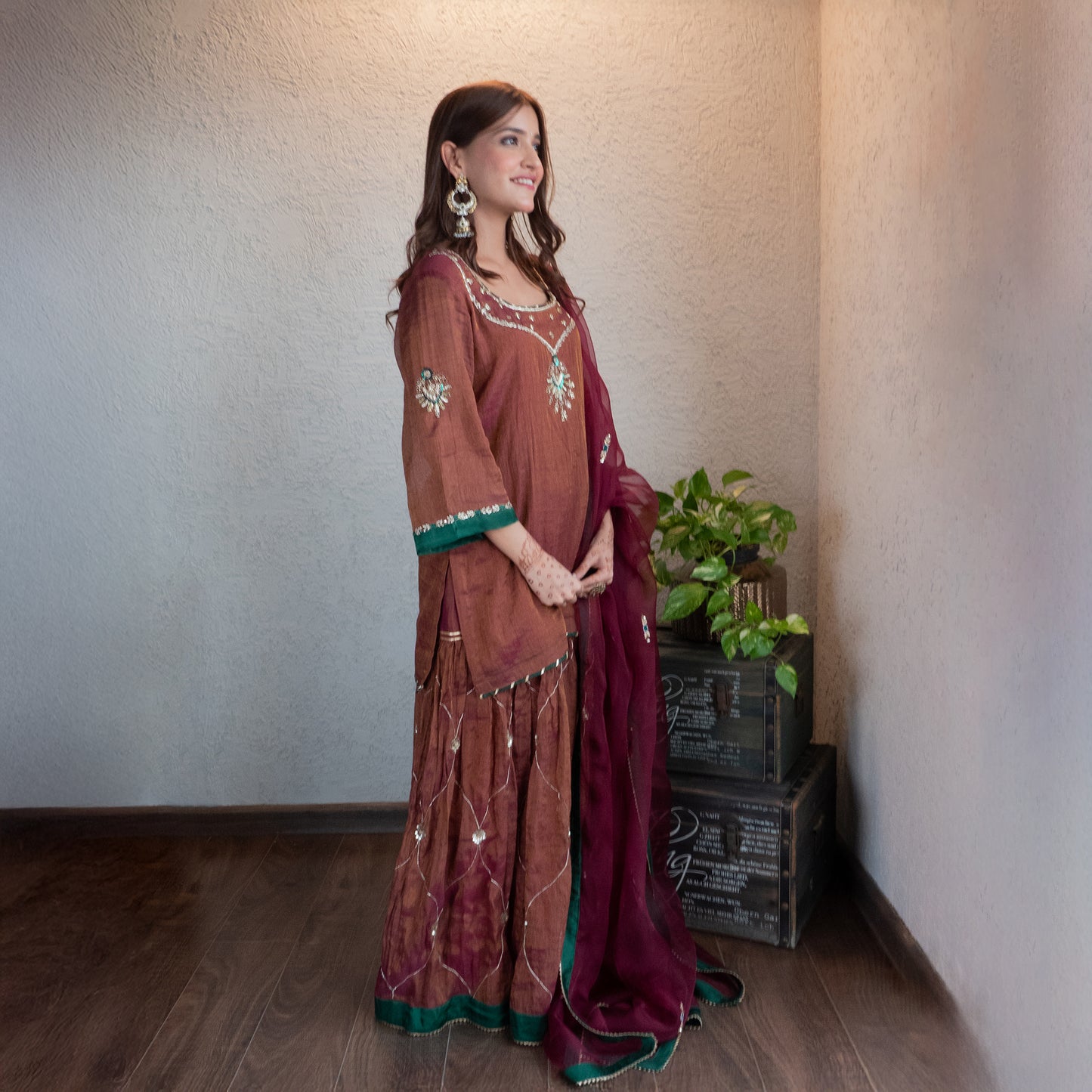 Wine Tissue chanderi sharara set with Dupatta