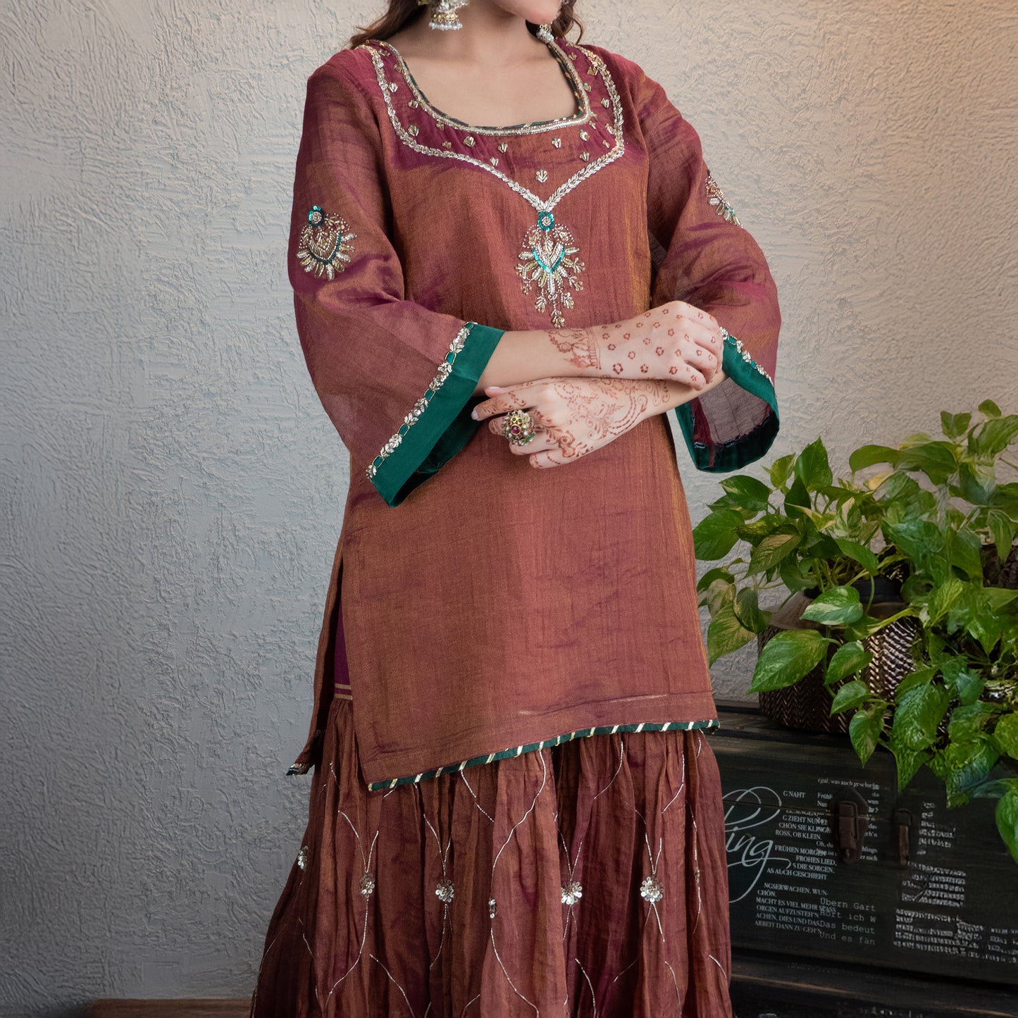 Wine Tissue chanderi sharara set with Dupatta