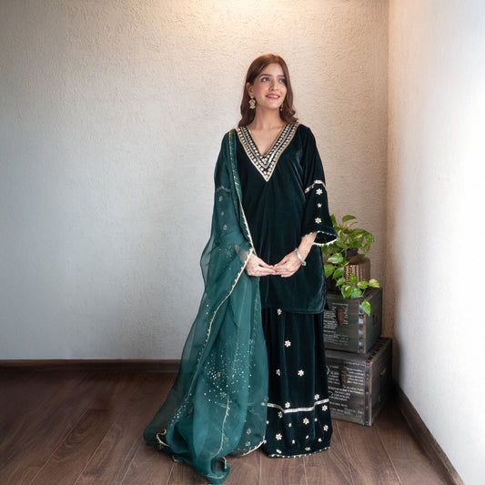 Green velvet hand embroidered sharara set with Dupatta