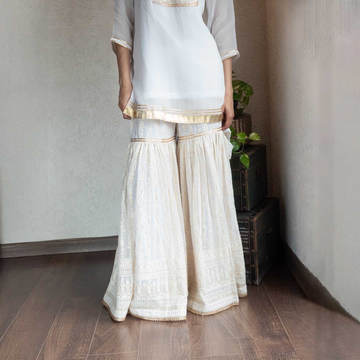 Off white Georgette kurta and Embroidered Sharara set