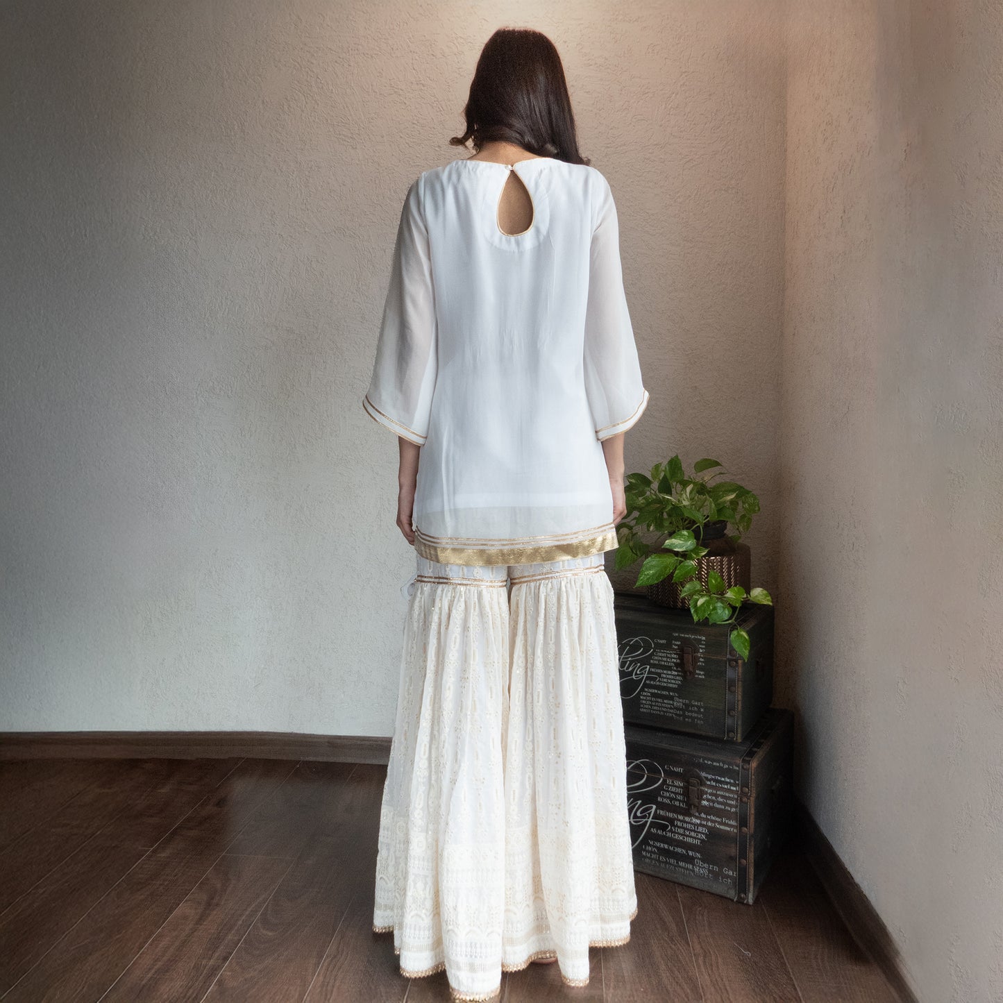 Off white Georgette kurta and Embroidered Sharara set