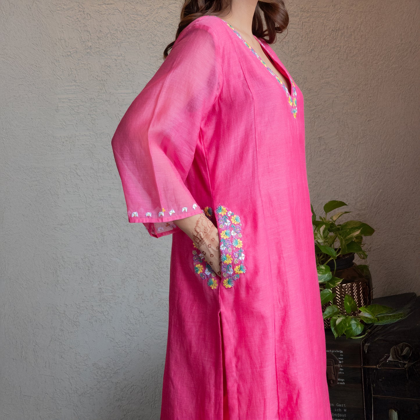 Pink Chanderi Embroidered kurta set