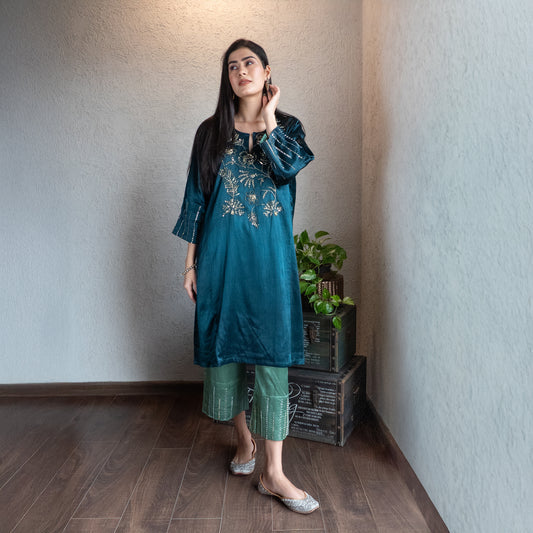 Teal Mashru Silk hand embroidered Kurta set