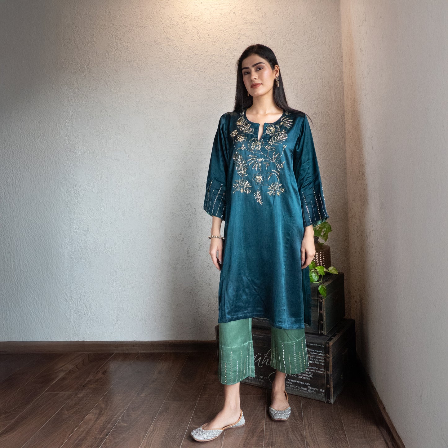 Teal Mashru Silk hand embroidered Kurta