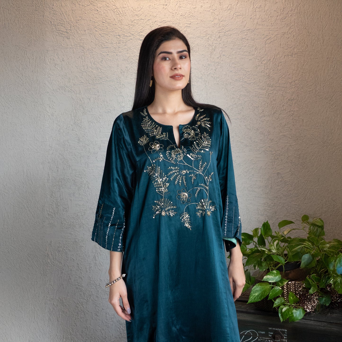 Teal Mashru Silk hand embroidered Kurta