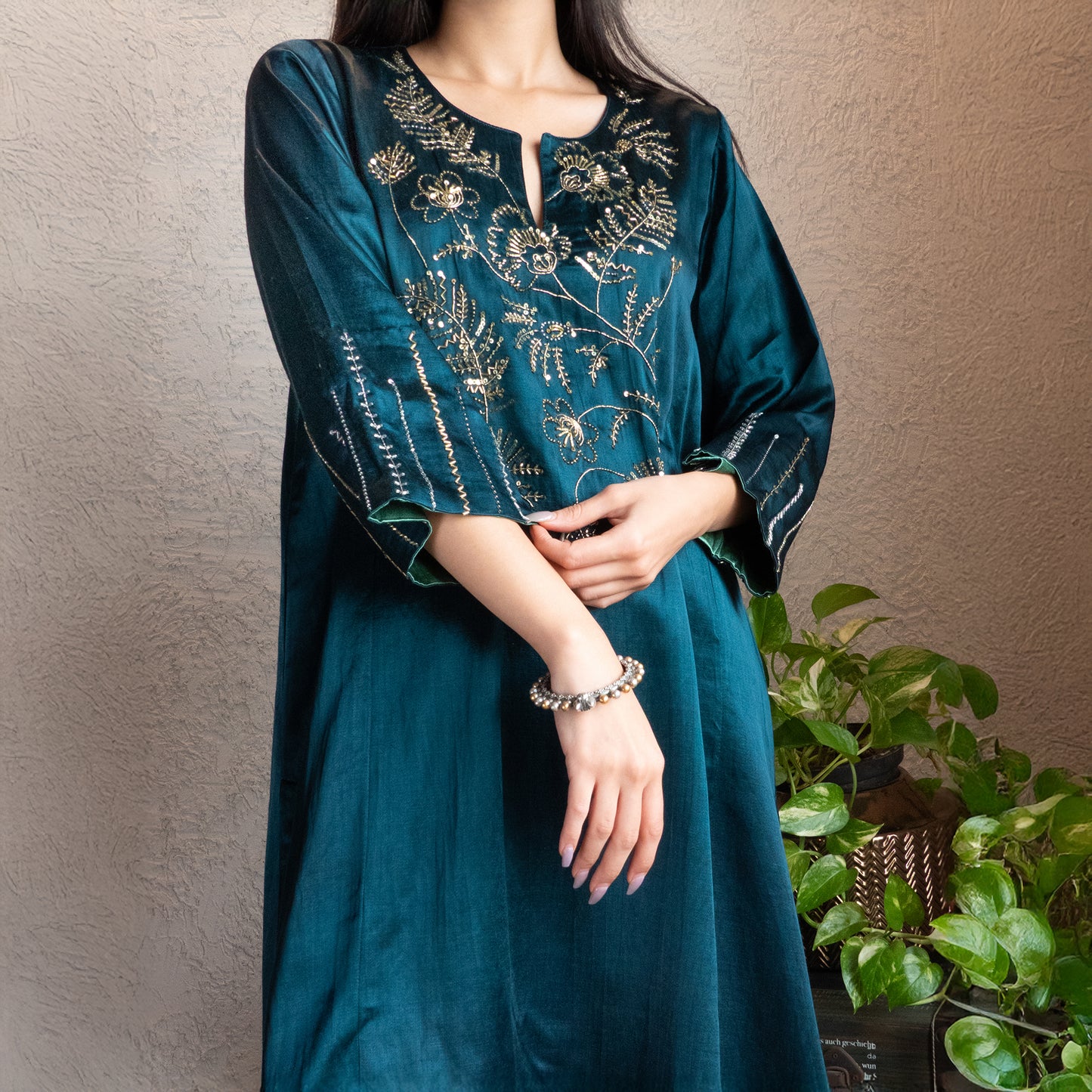 Teal Mashru Silk hand embroidered Kurta