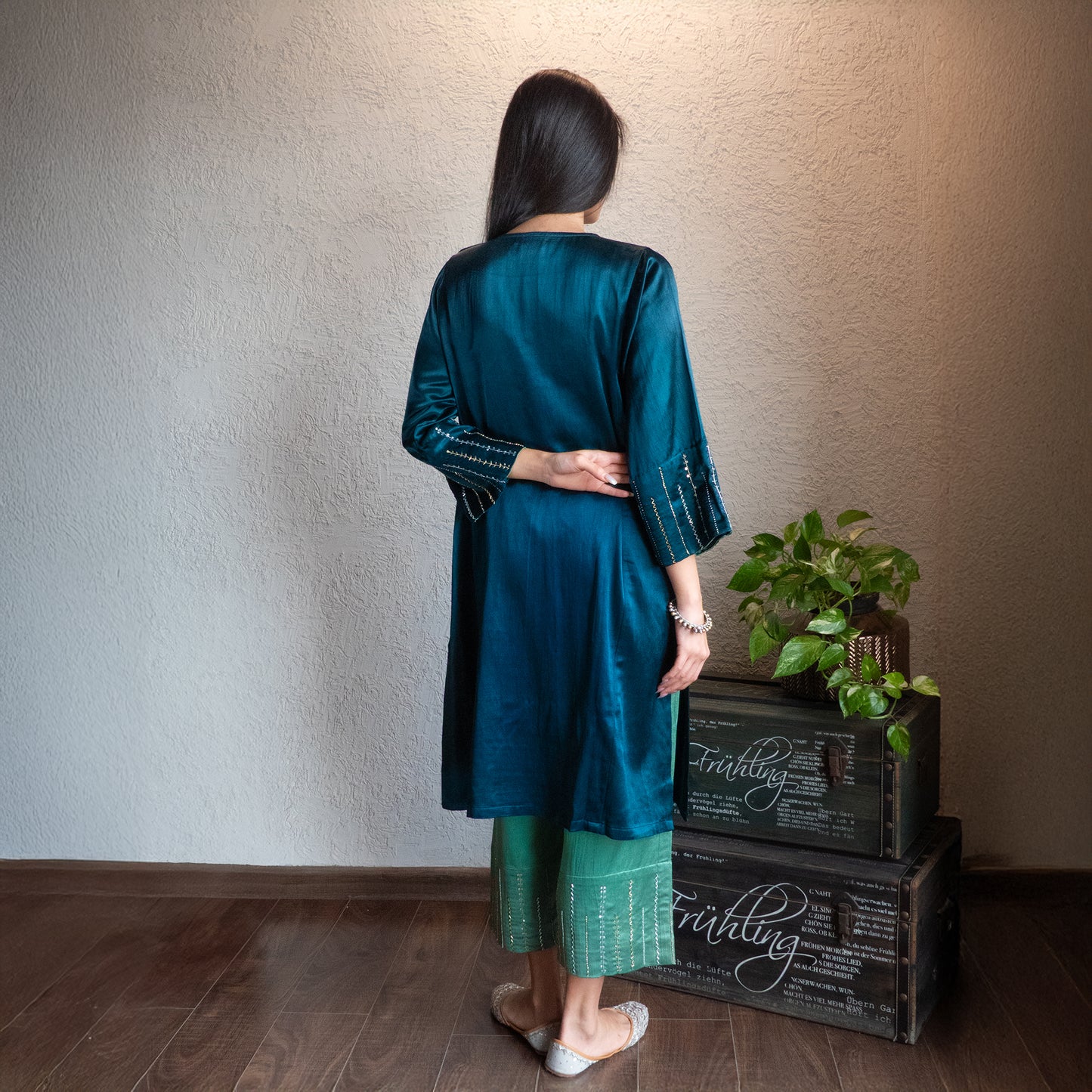 Teal Mashru Silk hand embroidered Kurta