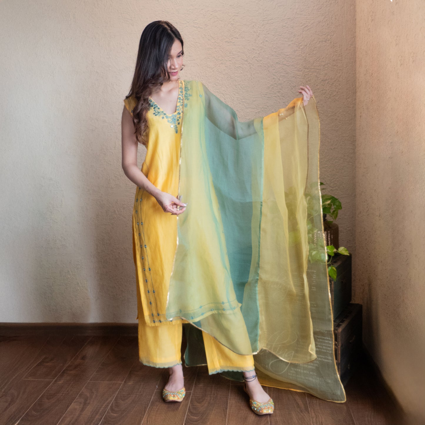 Yellow Chanderi Mirrorwork embroidered Kurta set with Dupatta