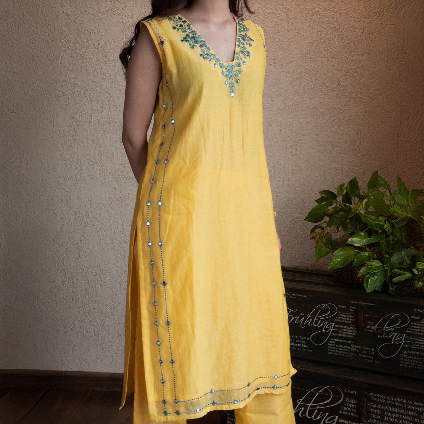 Yellow Chanderi Mirrorwork embroidered Kurta set