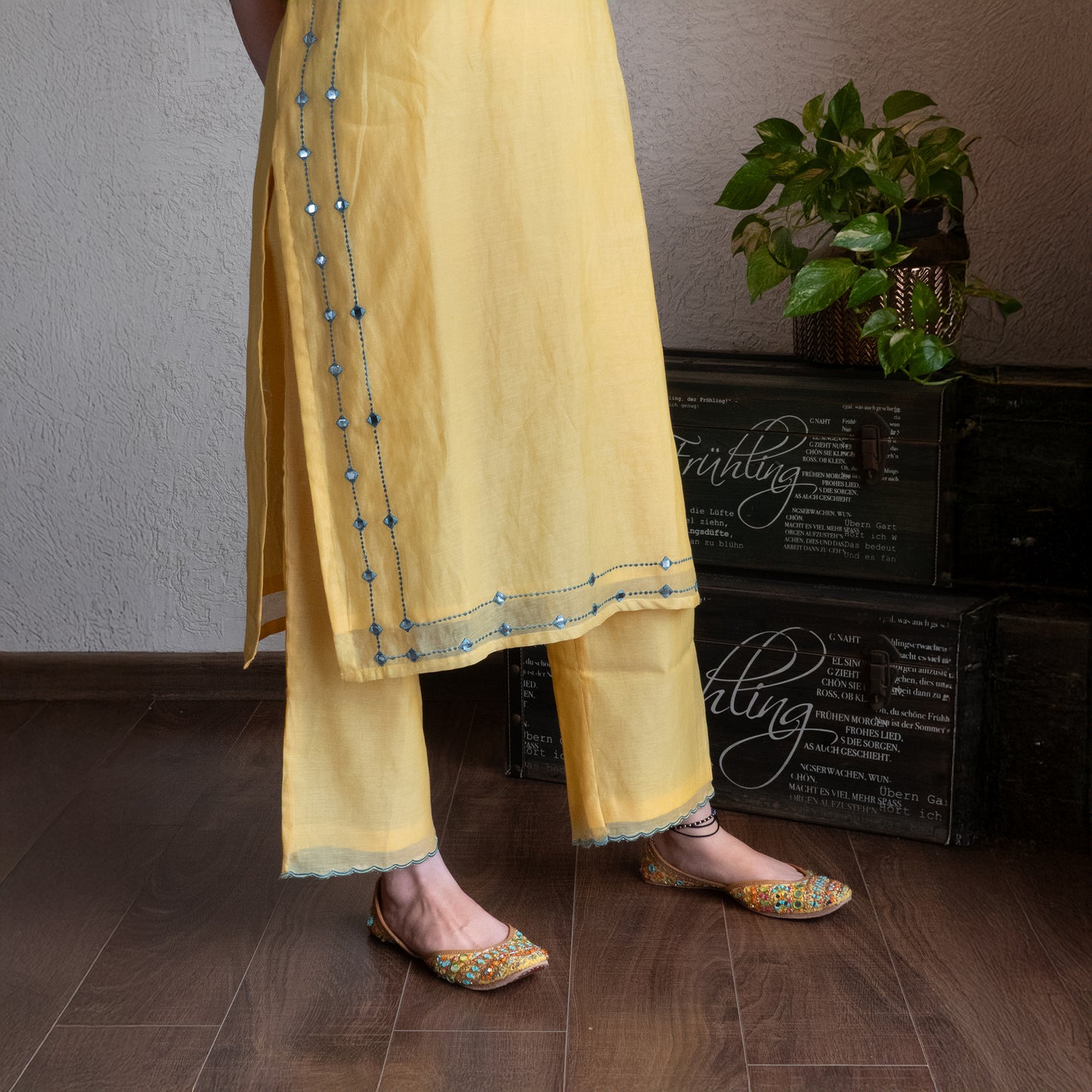 Yellow Chanderi Mirrorwork embroidered Kurta set