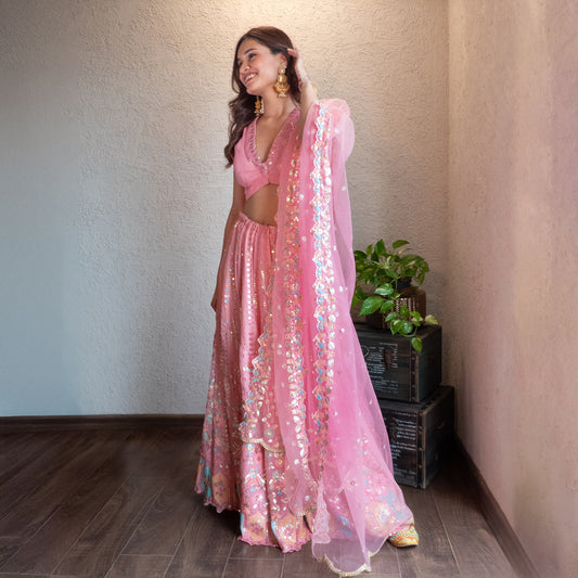 Pink Embroidered Lehenga set with Dupatta