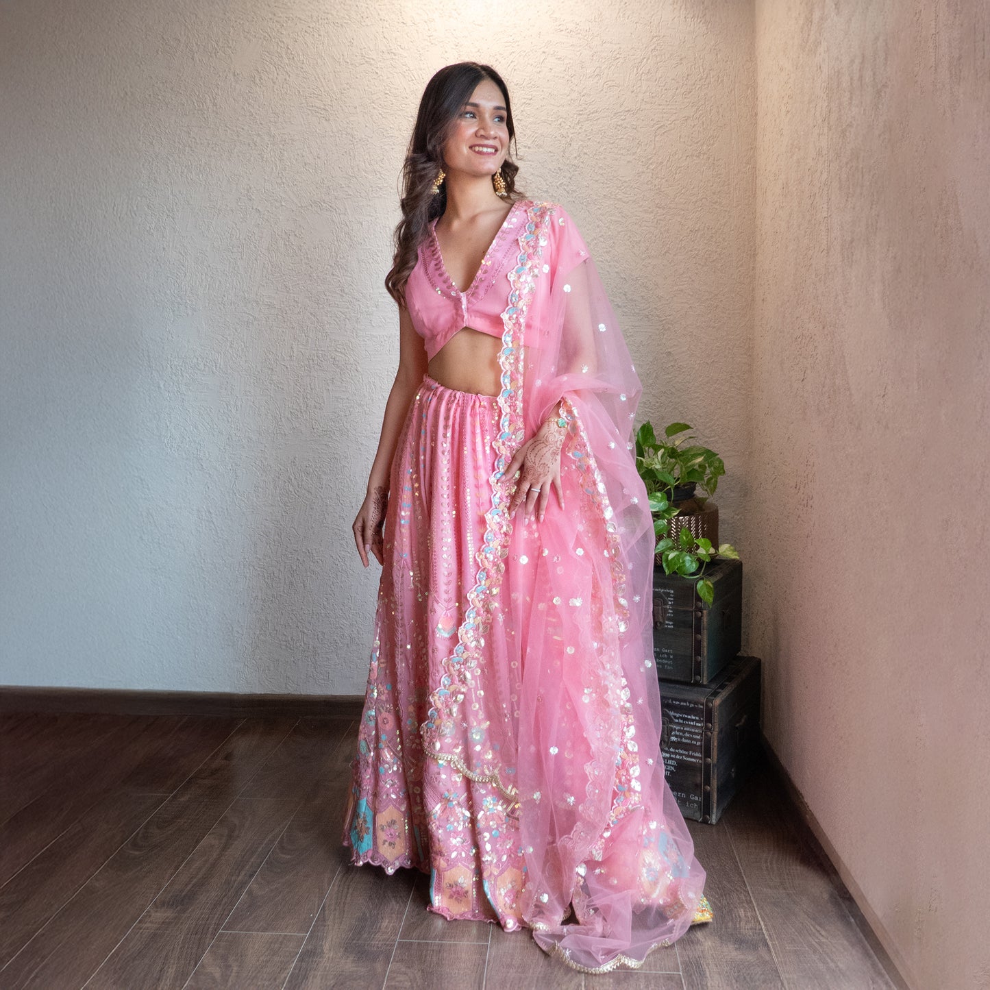 Pink Embroidered Lehenga set with Dupatta