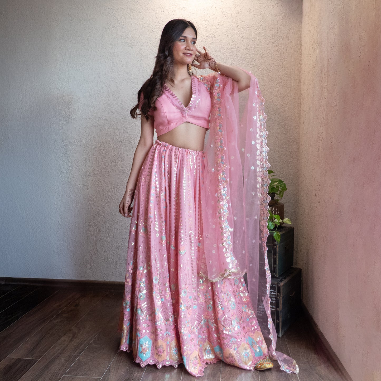 Pink Embroidered Lehenga set with Dupatta