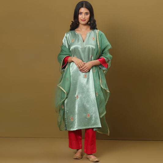 Embroidered mashru silk kurta set with dupatta
