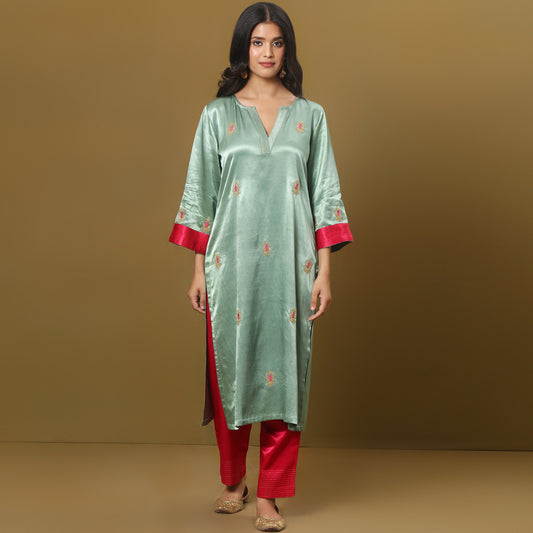 Embroidered mashru silk kurta set
