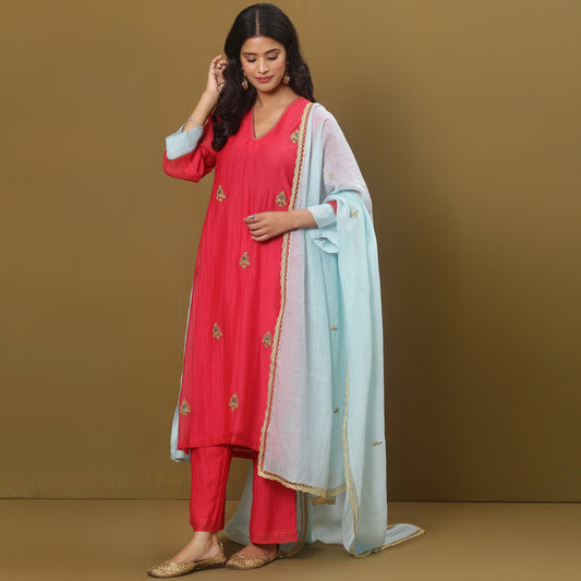 Fuschia Chanderi A-line kurta set with Dupatta