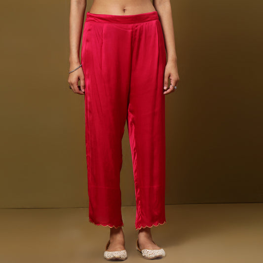 Fuschia pink Ankle pants with scallop zari work detailing
