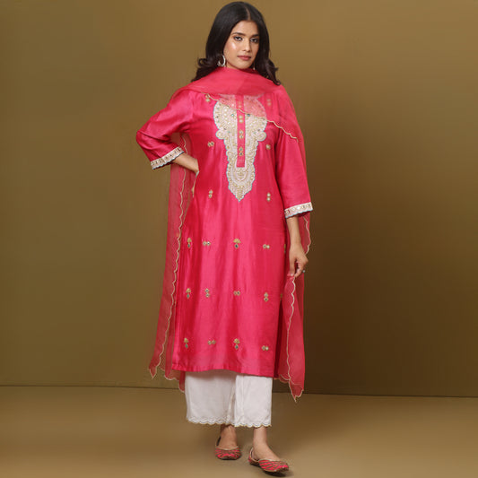 Fuschia Chanderi kurta set with dupatta