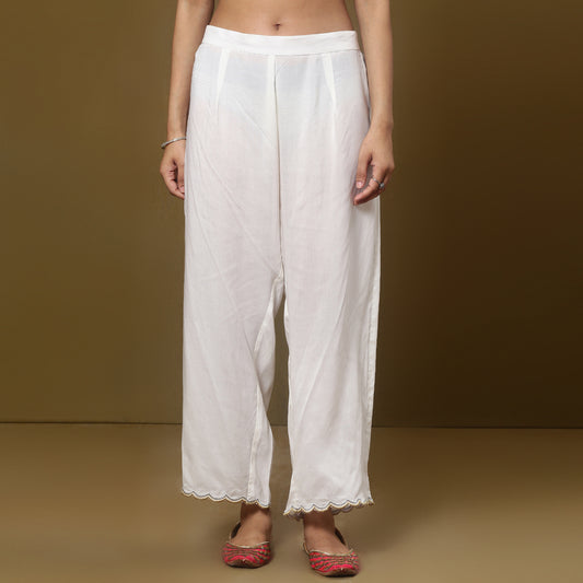 White Ankle pants with scallop zari work detailing