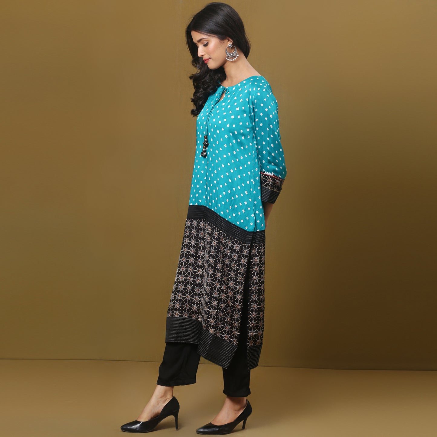 Color Block kurta with ajrakh and bandhni mix