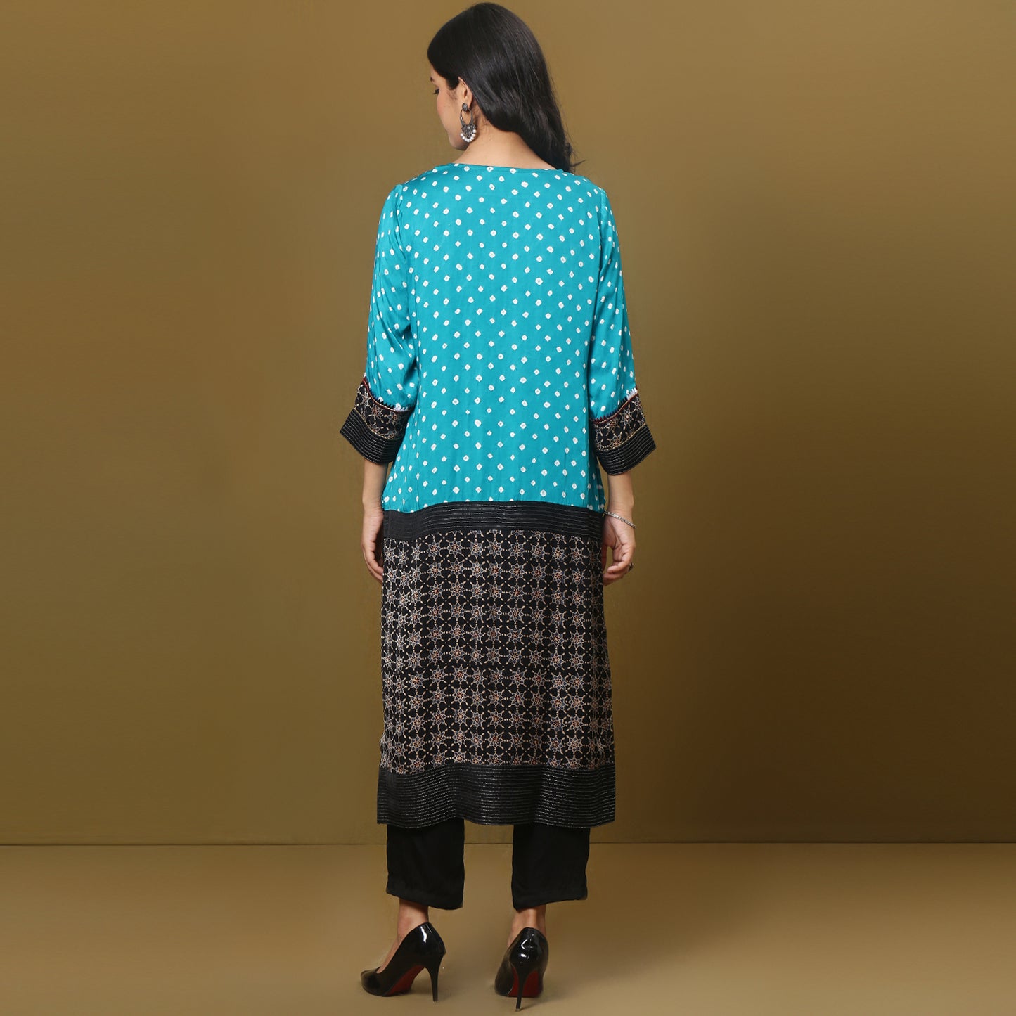 Color Block kurta with ajrakh and bandhni mix