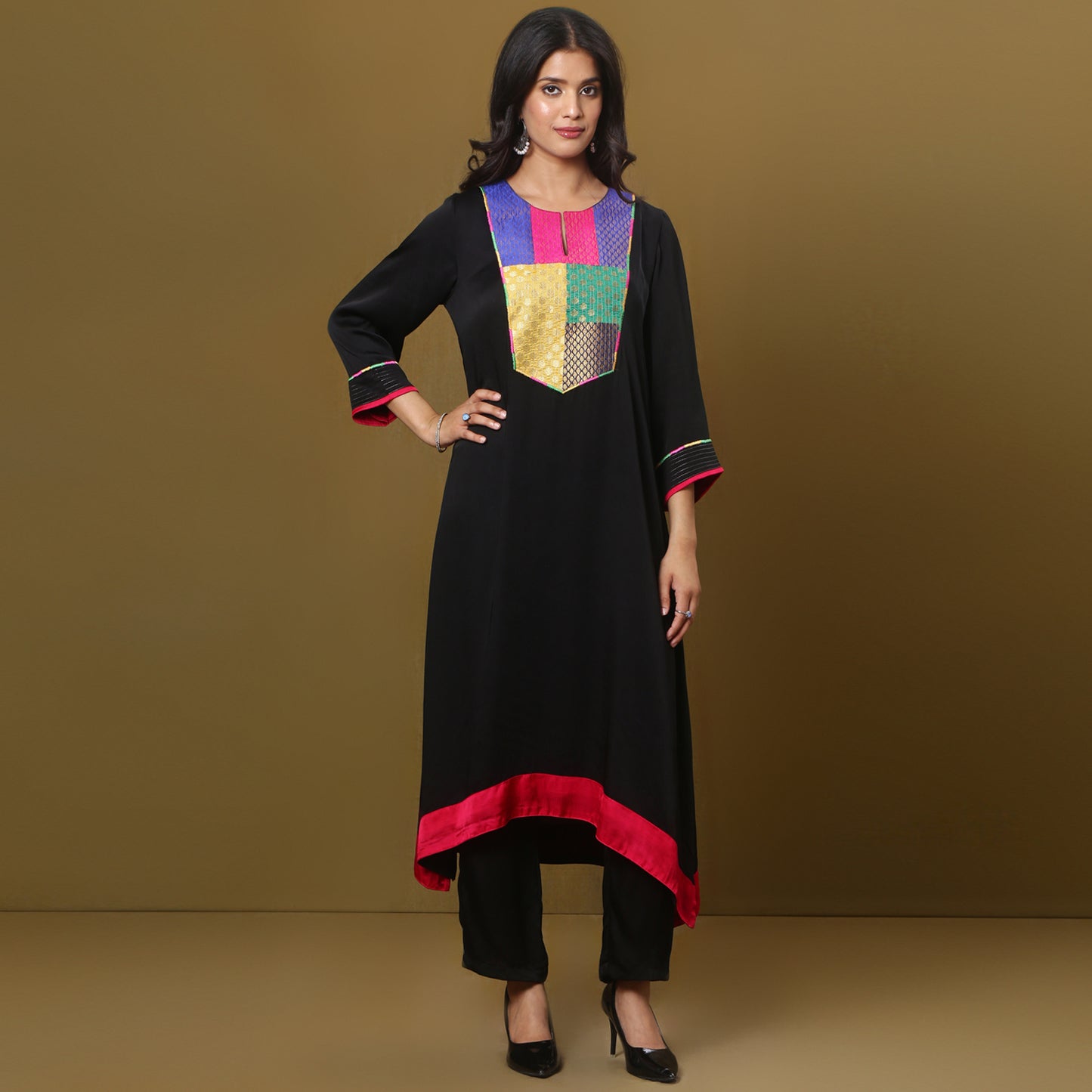 black modal silk kurta with brocade yoke detailing