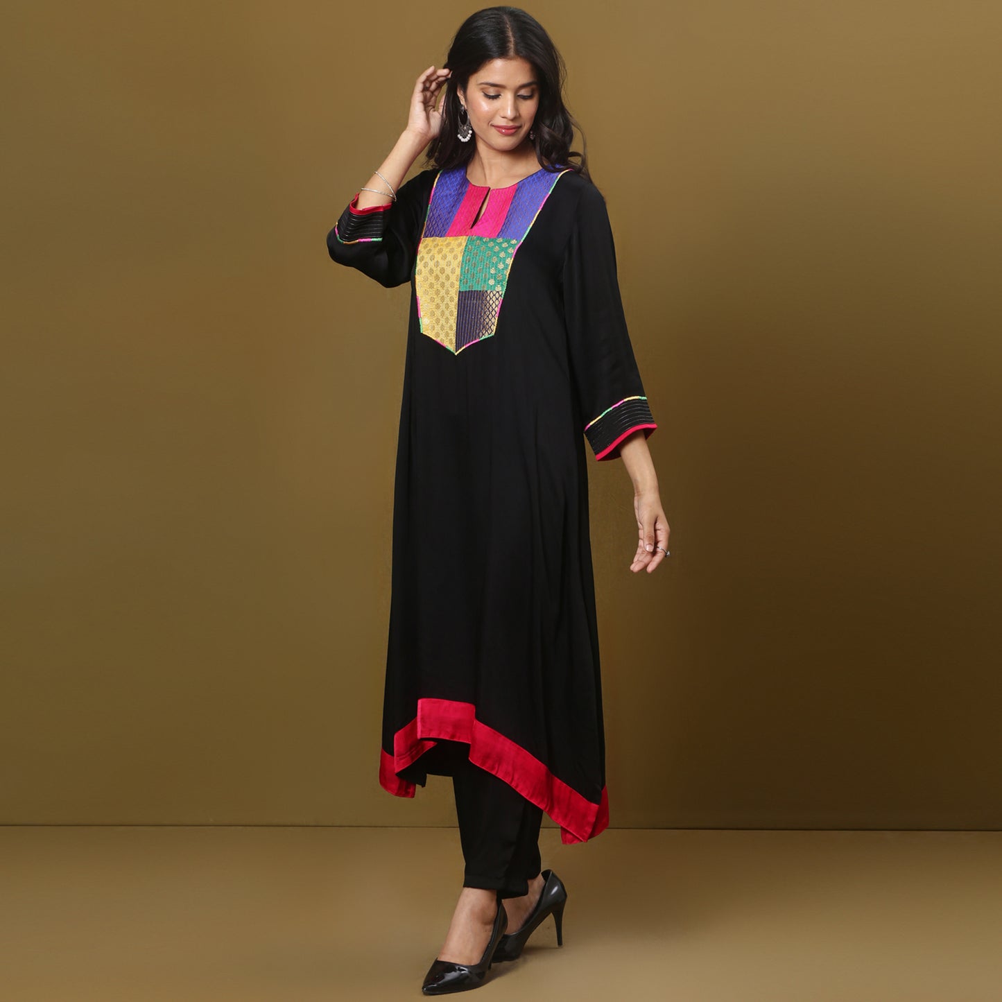 black modal silk kurta with brocade yoke detailing