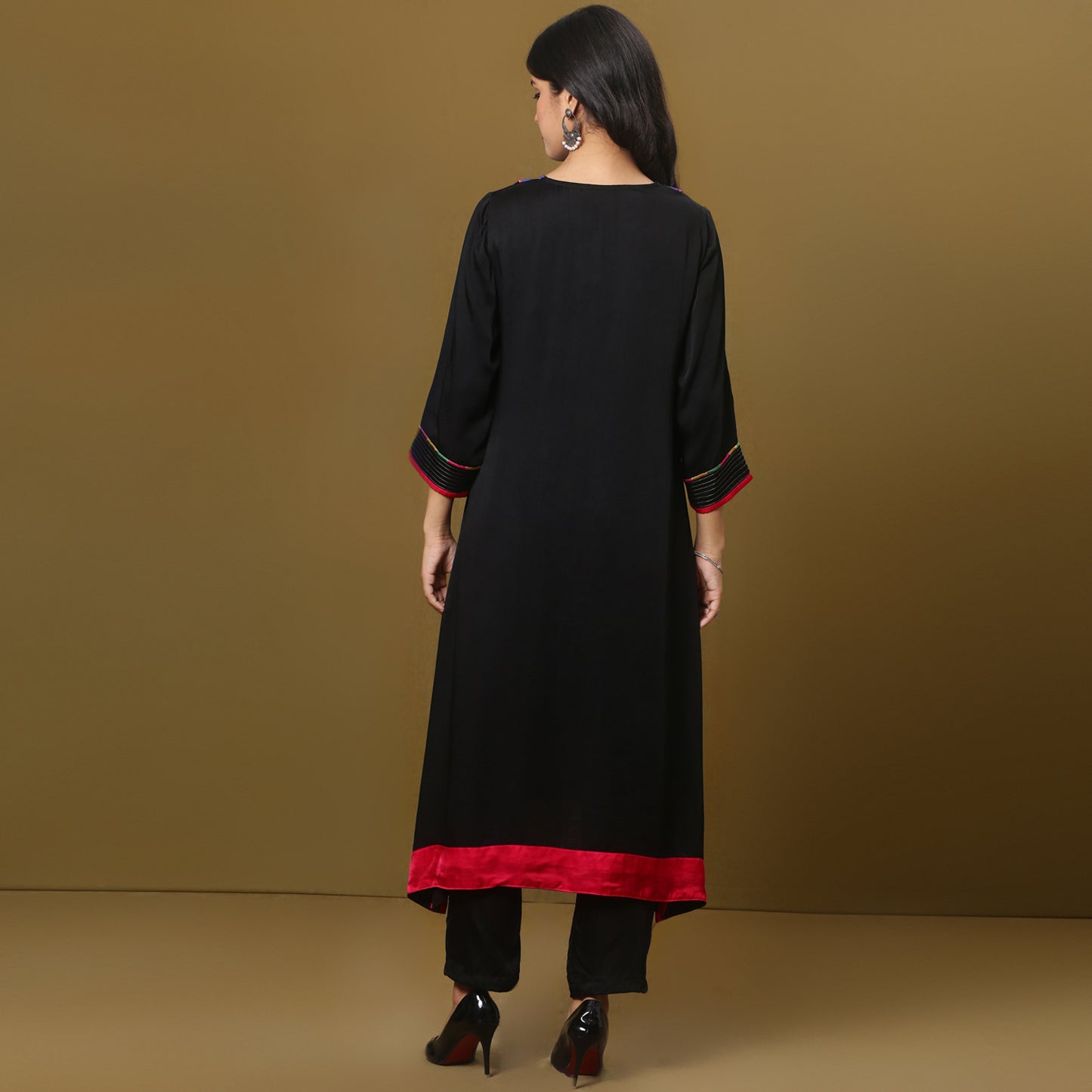 black modal silk kurta with brocade yoke detailing