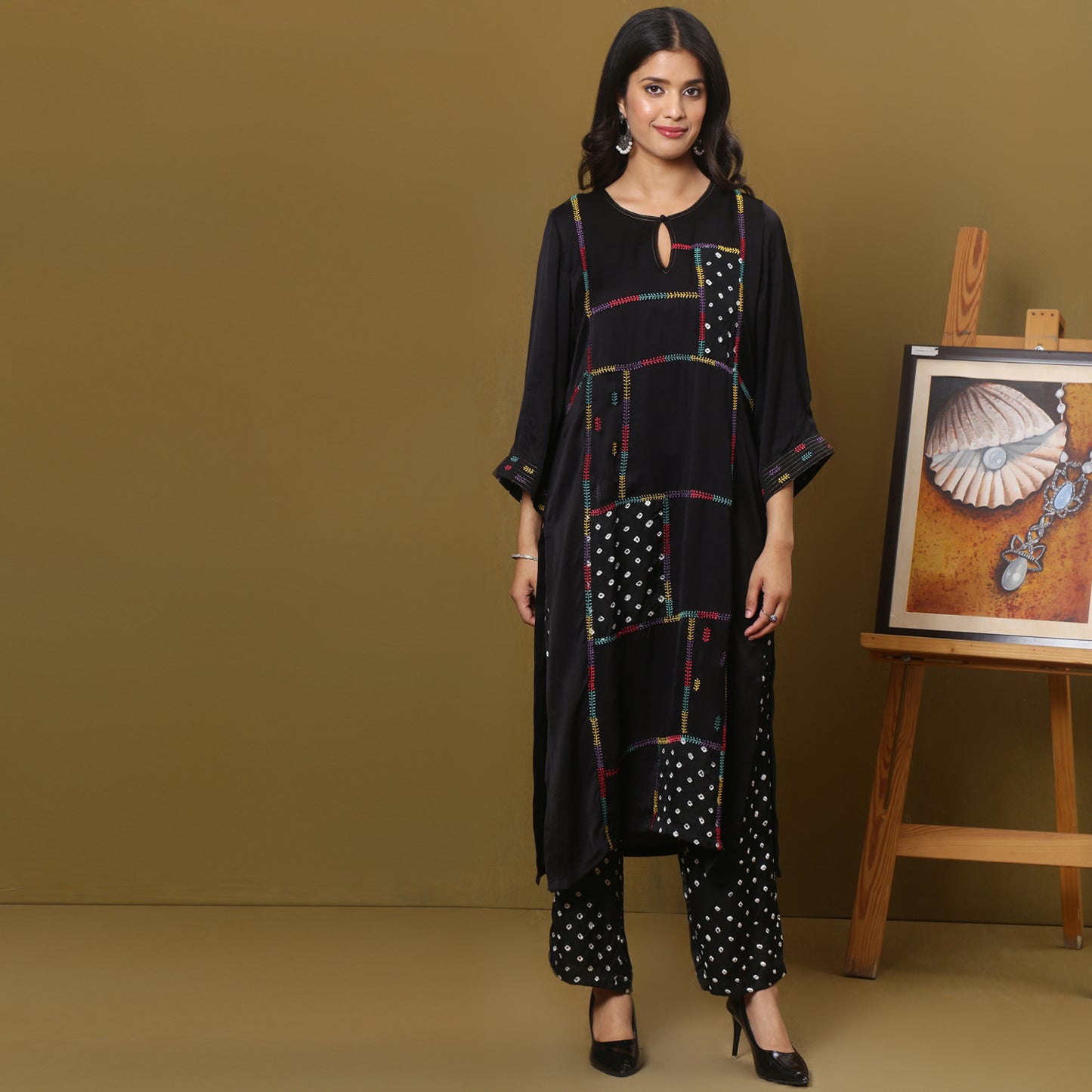 Black modal silk bandhani kurta set