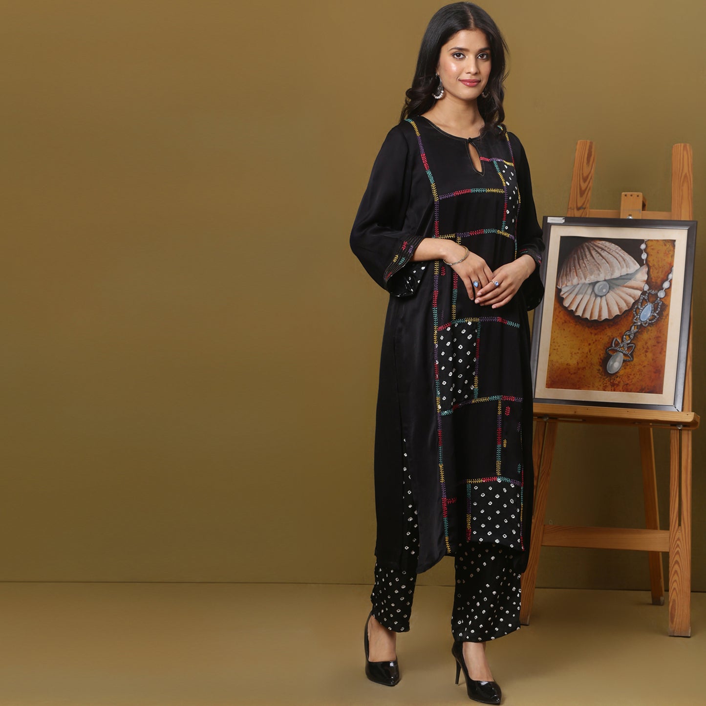 Black modal silk bandhani patchwork kurta