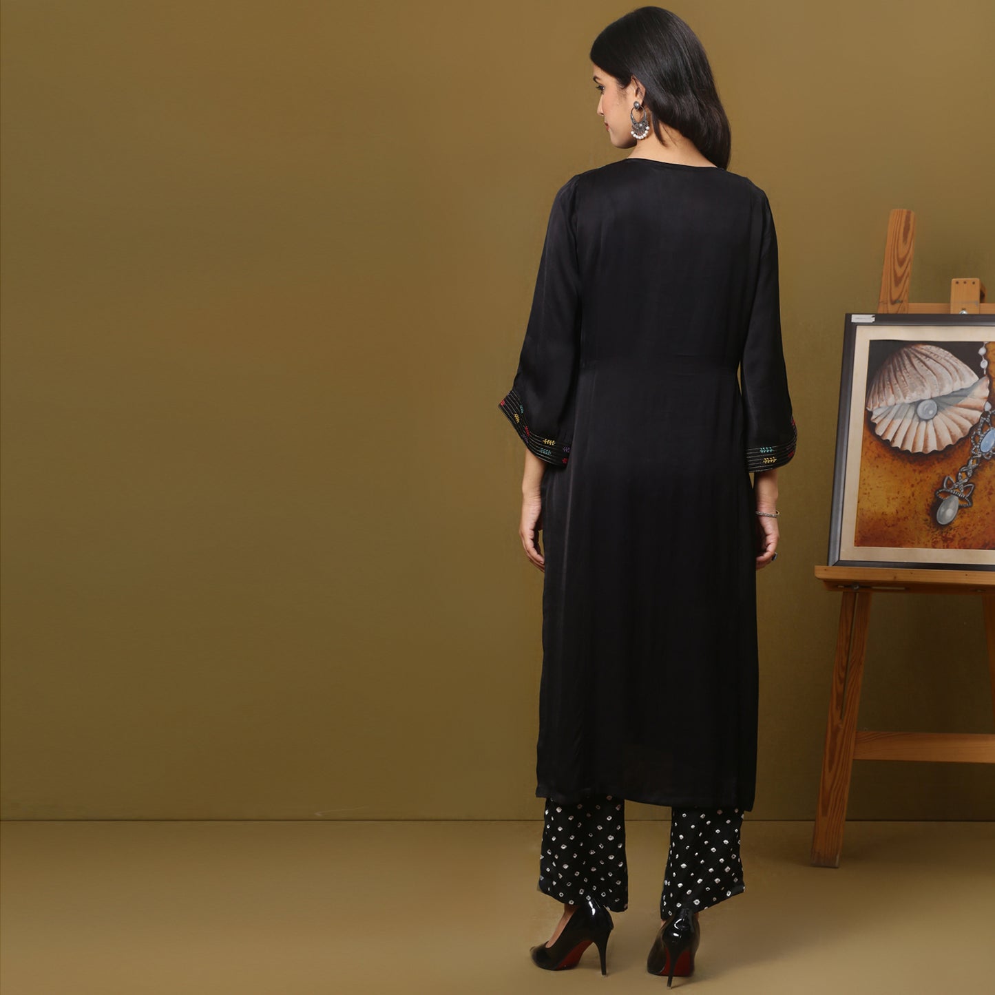 Black modal silk bandhani patchwork kurta