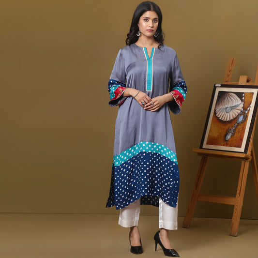 Color block bandhani print kurta set