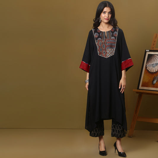 black cotton modal kurta with ajrakh yoke detailing
