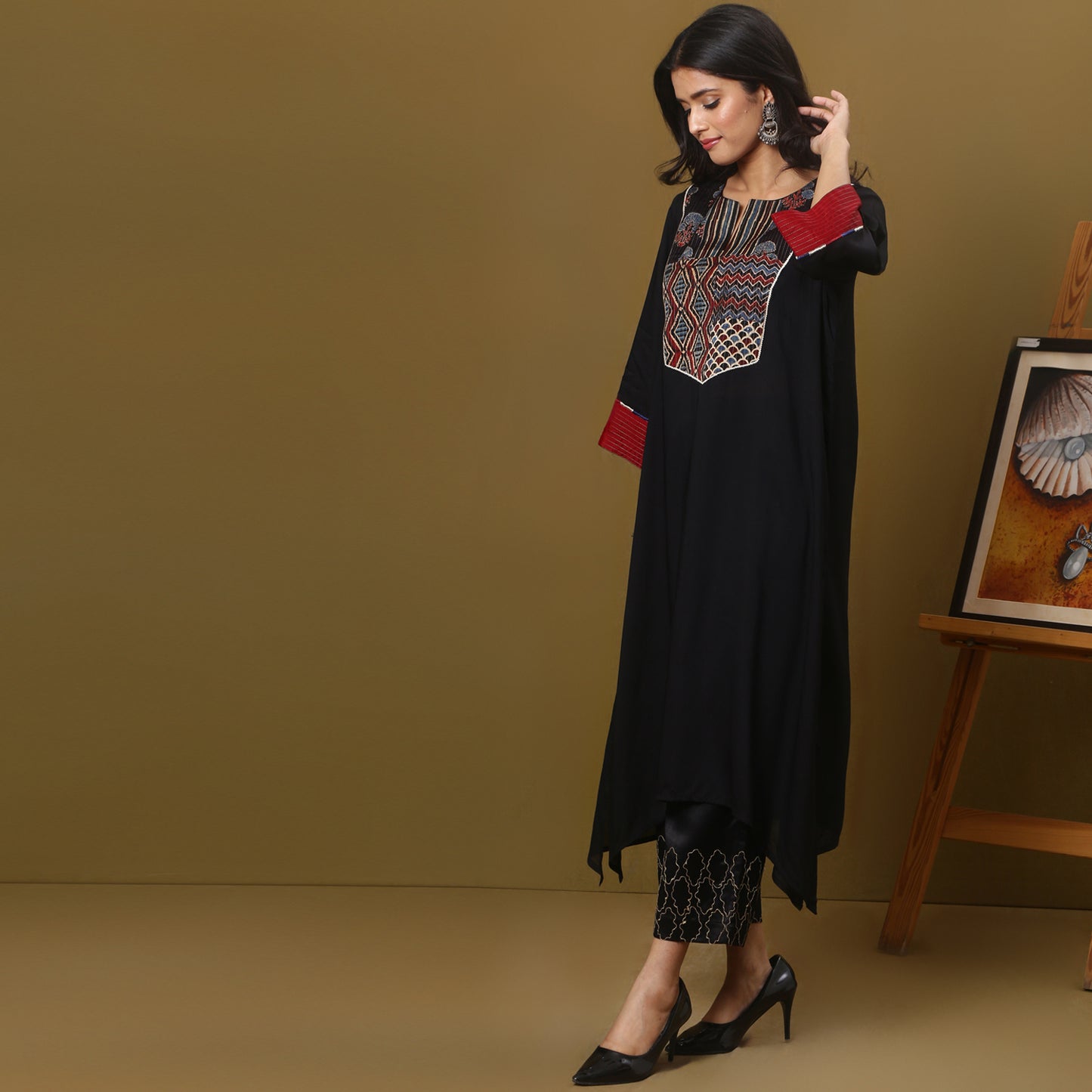black cotton modal kurta with ajrakh yoke detailing