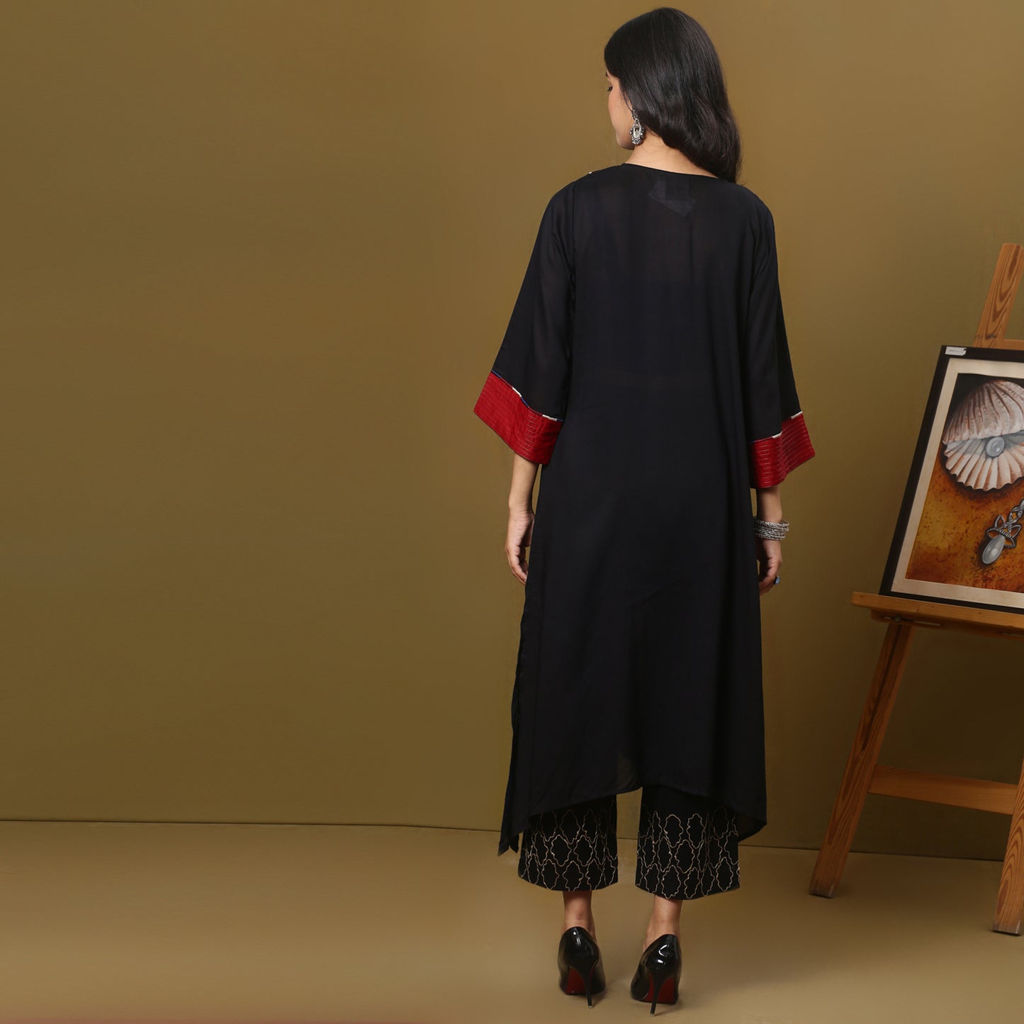 black cotton modal kurta with ajrakh yoke detailing