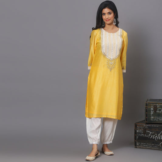 Yellow embroidered kurta set