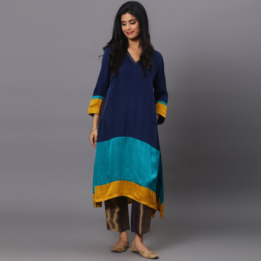 color block kurta set with brocade pants