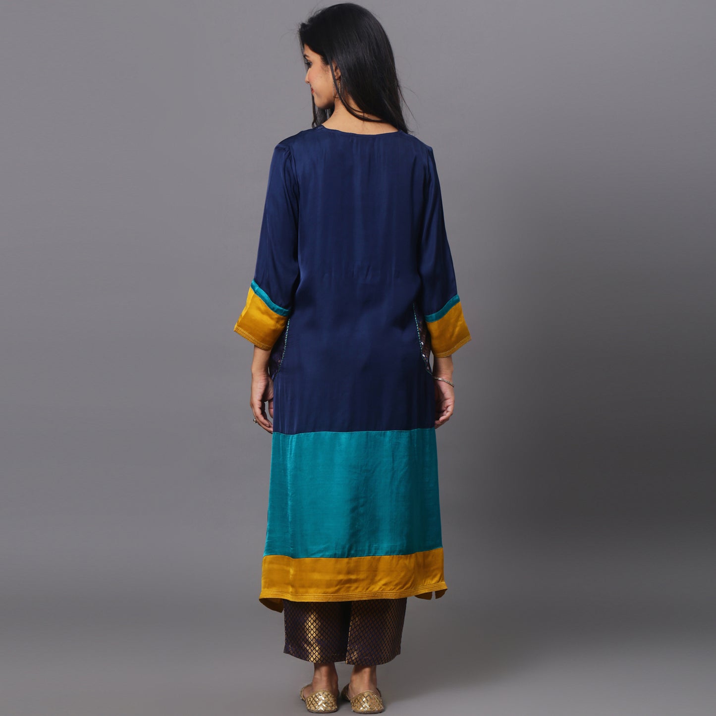 color block kurta set with brocade pants
