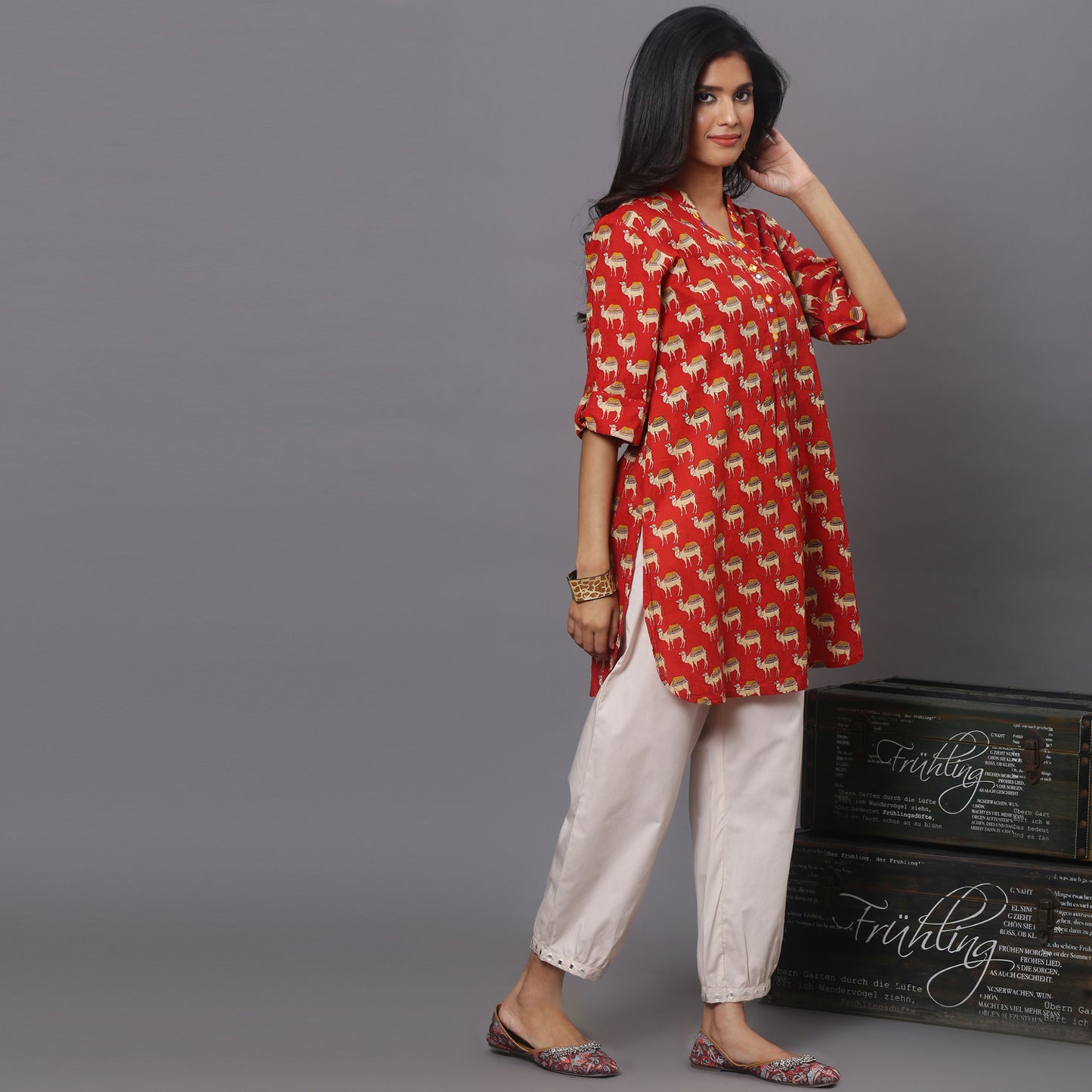 red printed short kurta