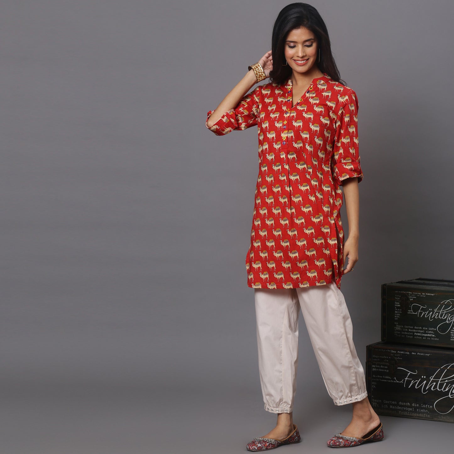 red printed short kurta