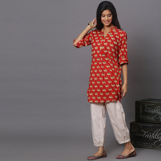 red printed short kurta