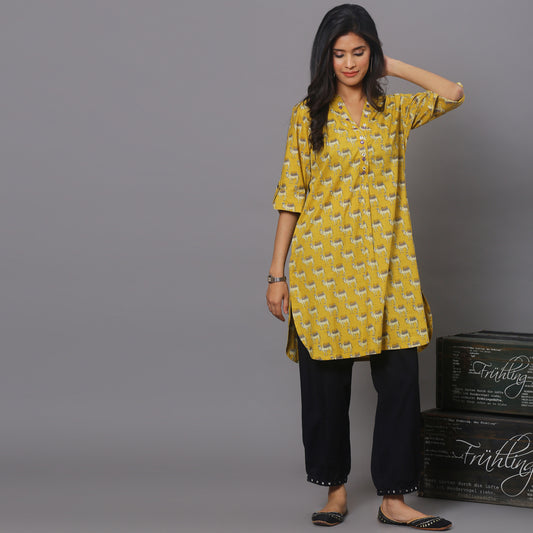 Yellow printed short kurta