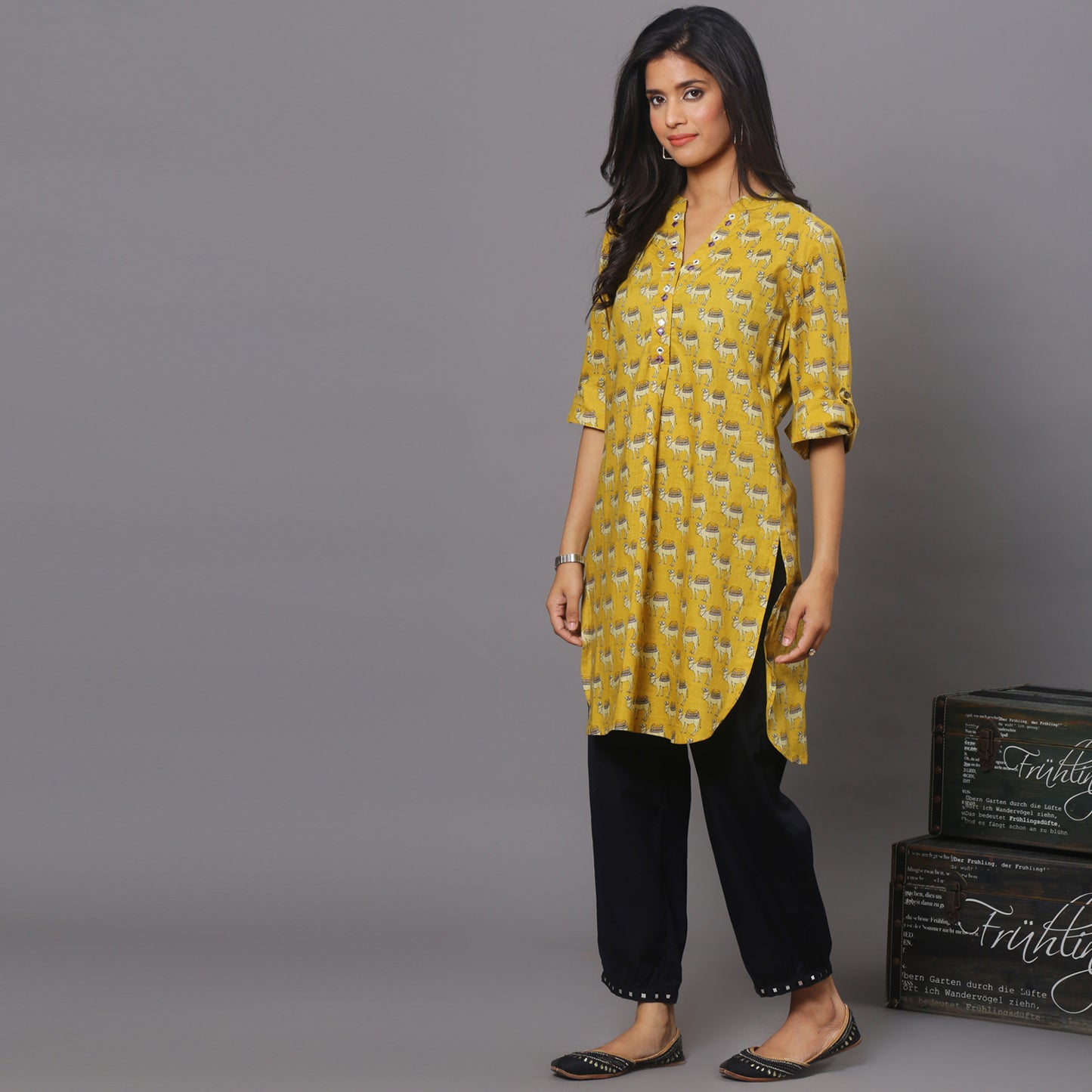 Yellow printed short kurta