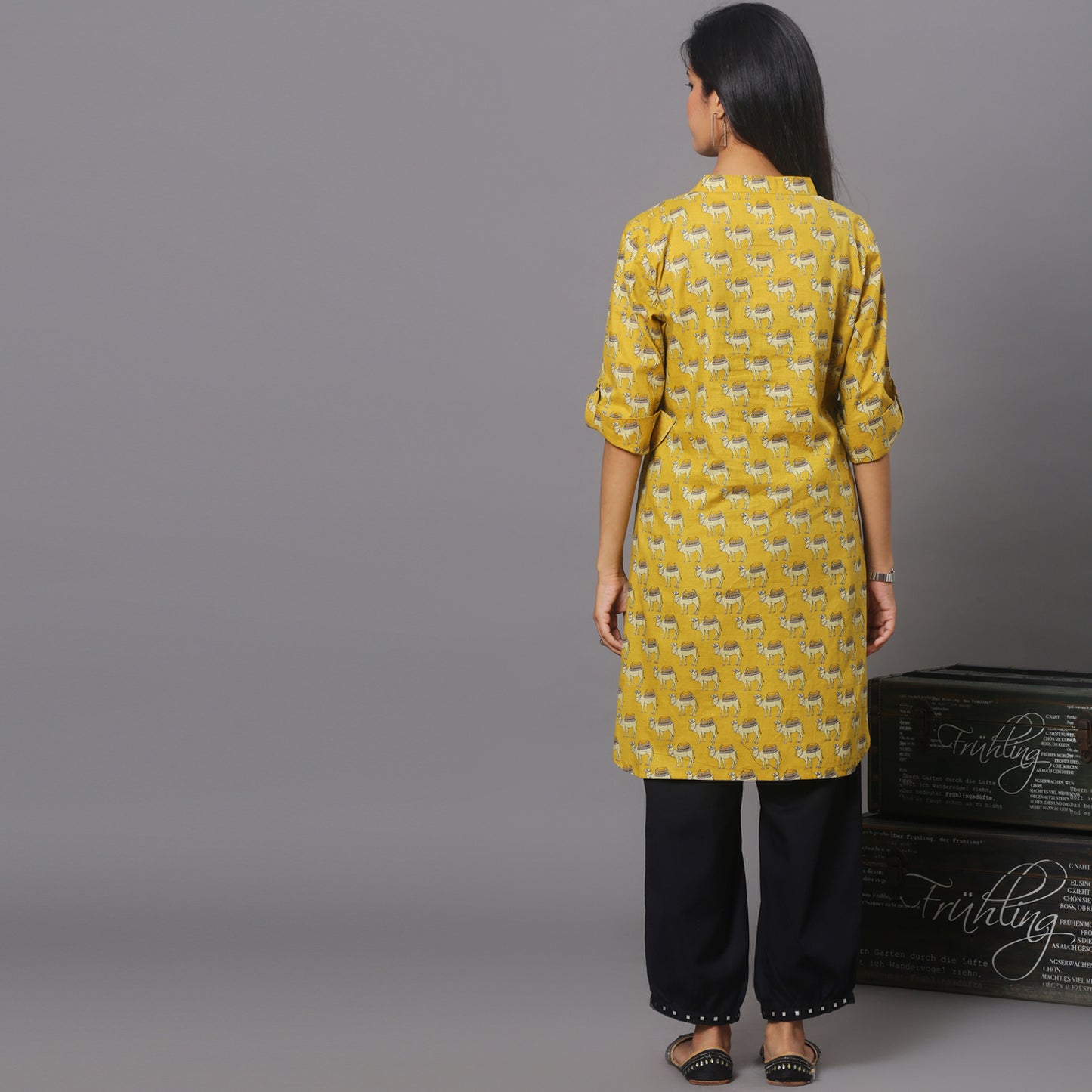 Yellow printed short kurta