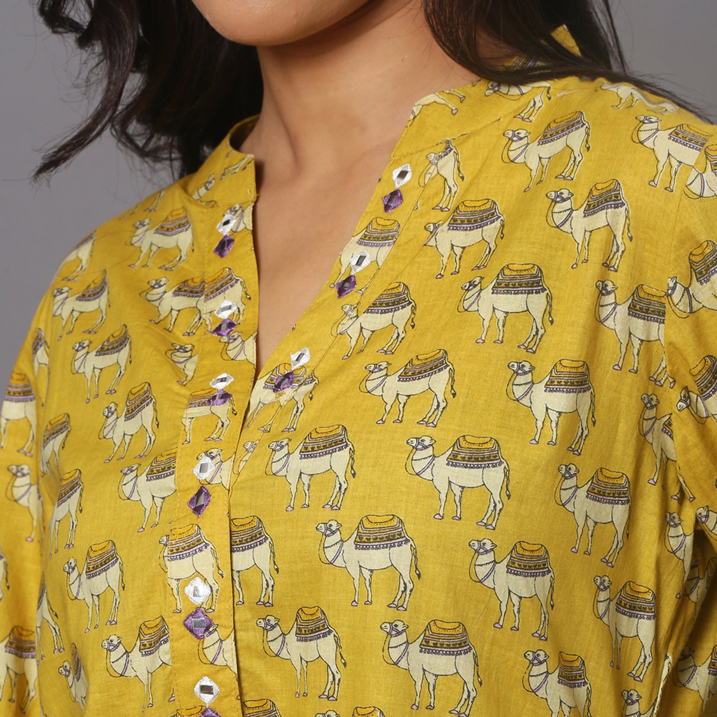 Yellow printed short kurta