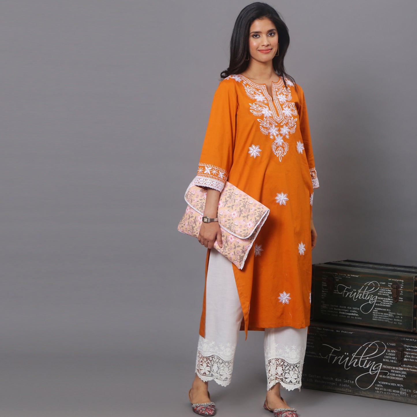 orange Cotton kurta with Embroidery